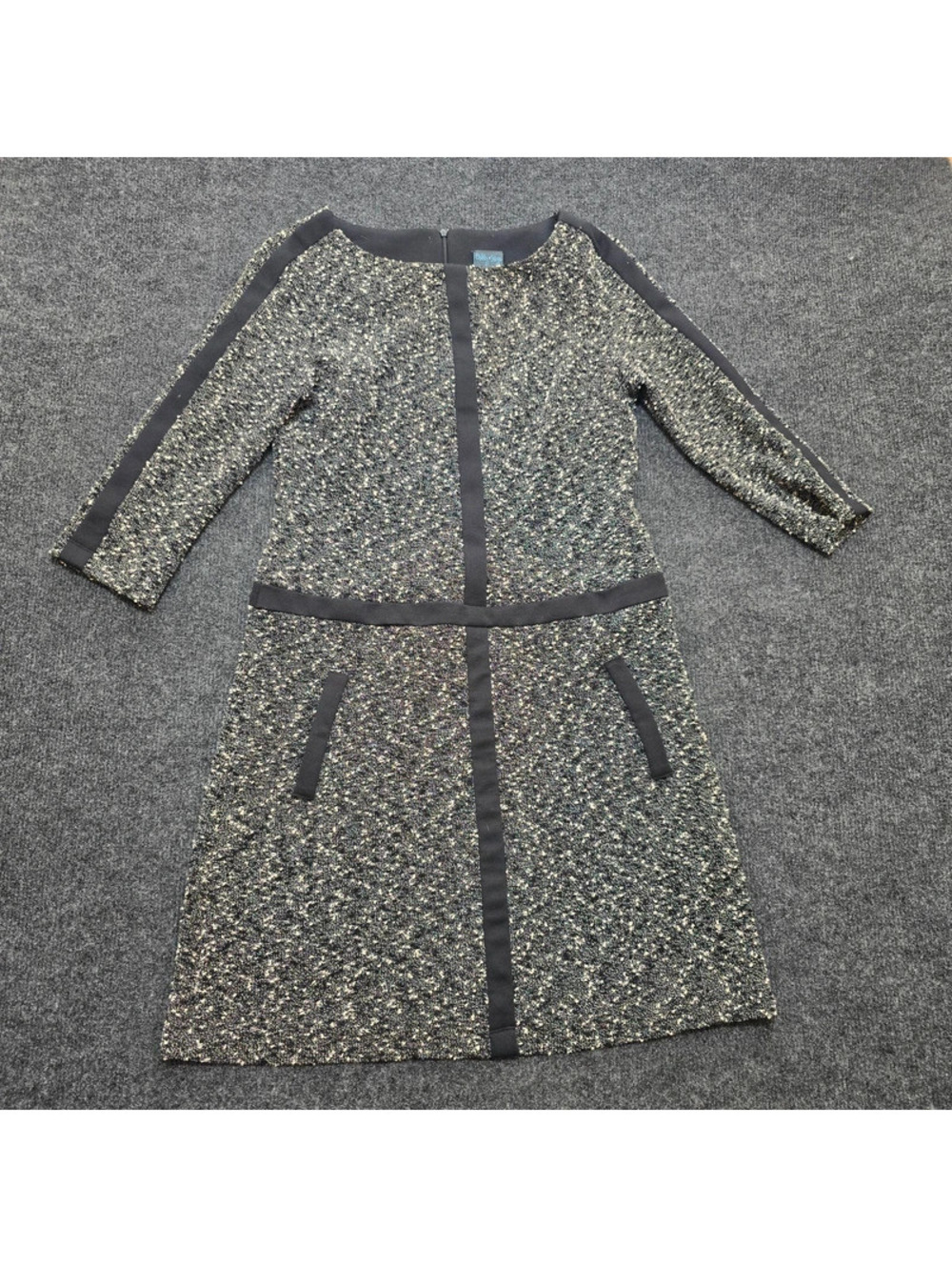 Gabby Skye Dress Size 8 Black Gold Boucle Tweed Knit Mod Shift 3/4 Sleeve Pocket